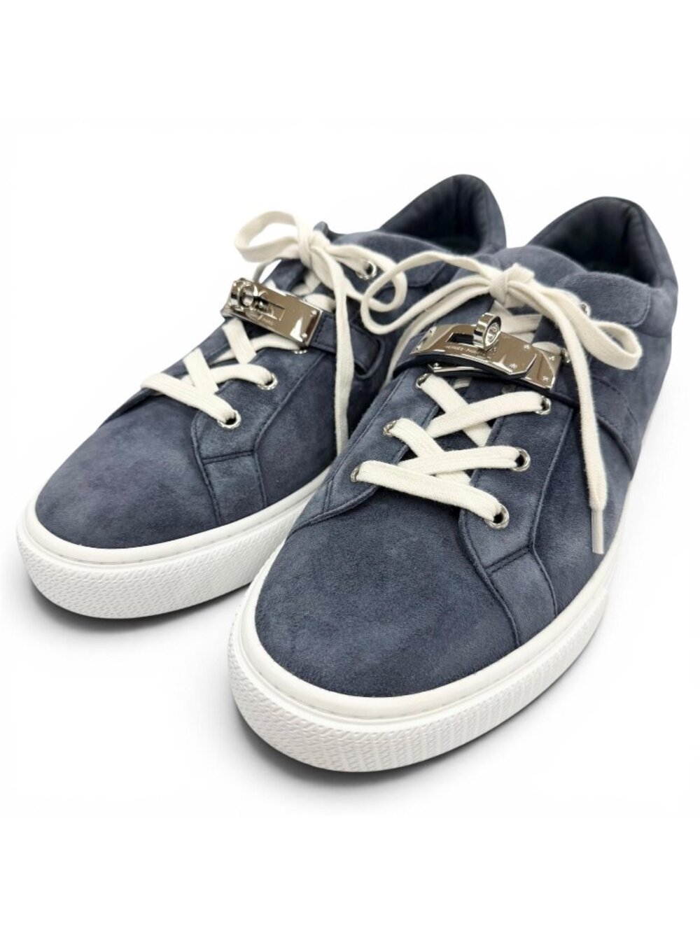 Hermes Suede Leather Day Kelly Buckle Lace-up Low-Top Sneakers Navy